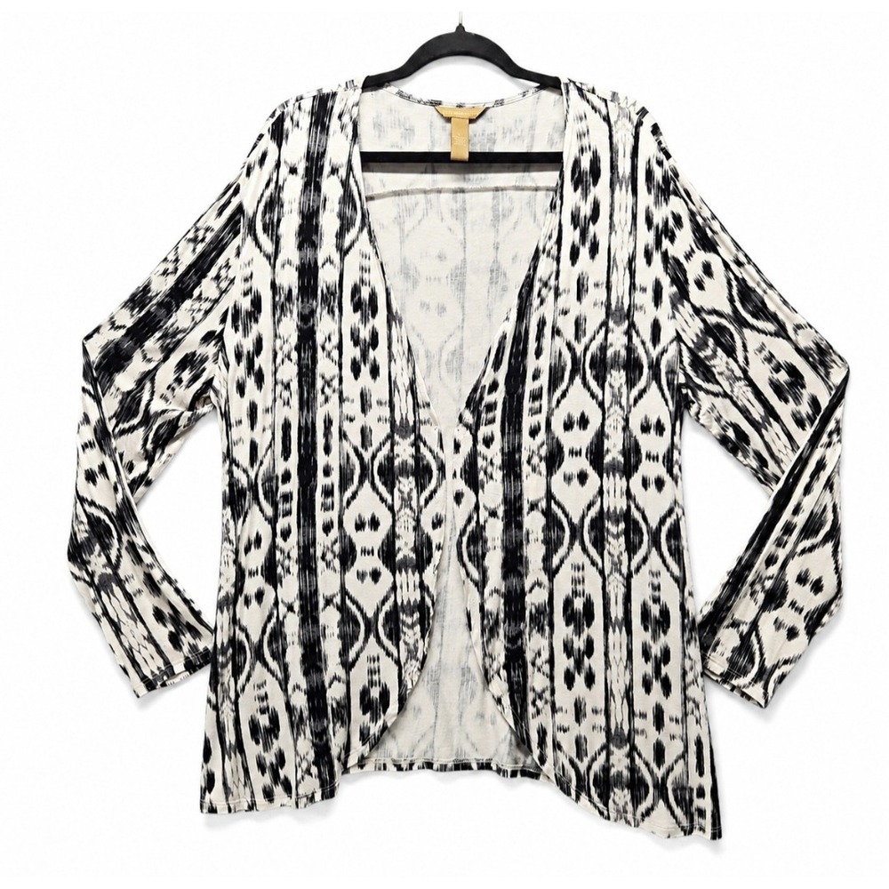 Bit & Bridle Cardigan Large Black White Tribal Ikat Print Open Front Lightweight